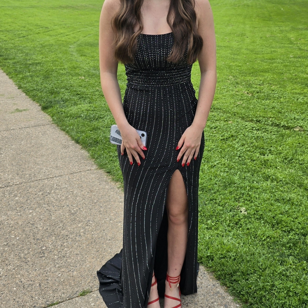Faviana Black and Silver Strapless Gown with Slit